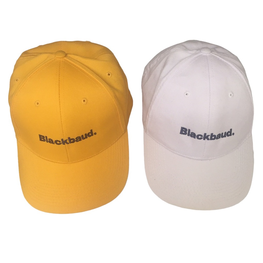 Lot of 2 Head To Toe Hats Adjustable 1 Yellow and 1 White BLACKBAUD logo on caps